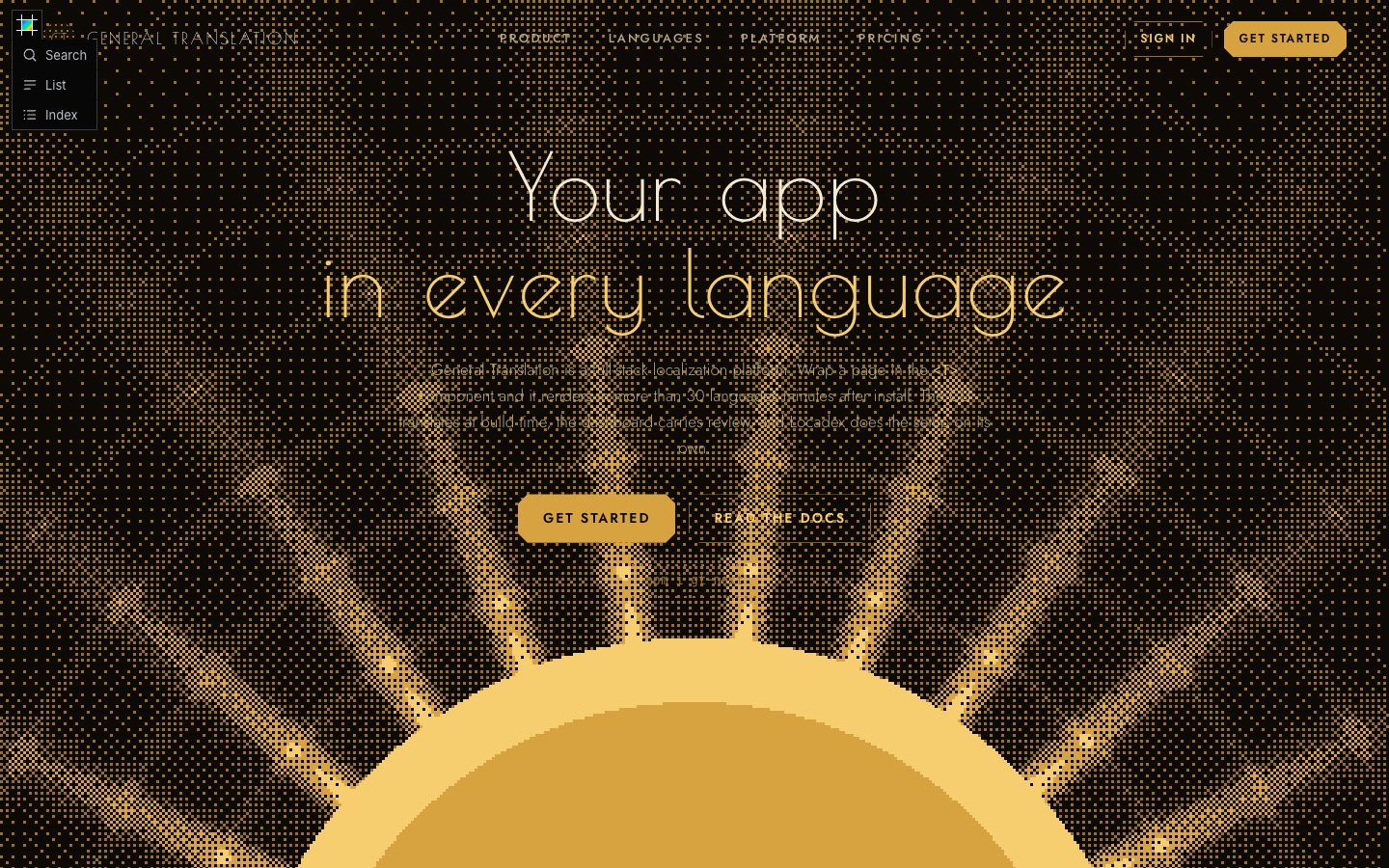 Dithered Sunrise, the first fold in the dark theme at 1440 pixels wide