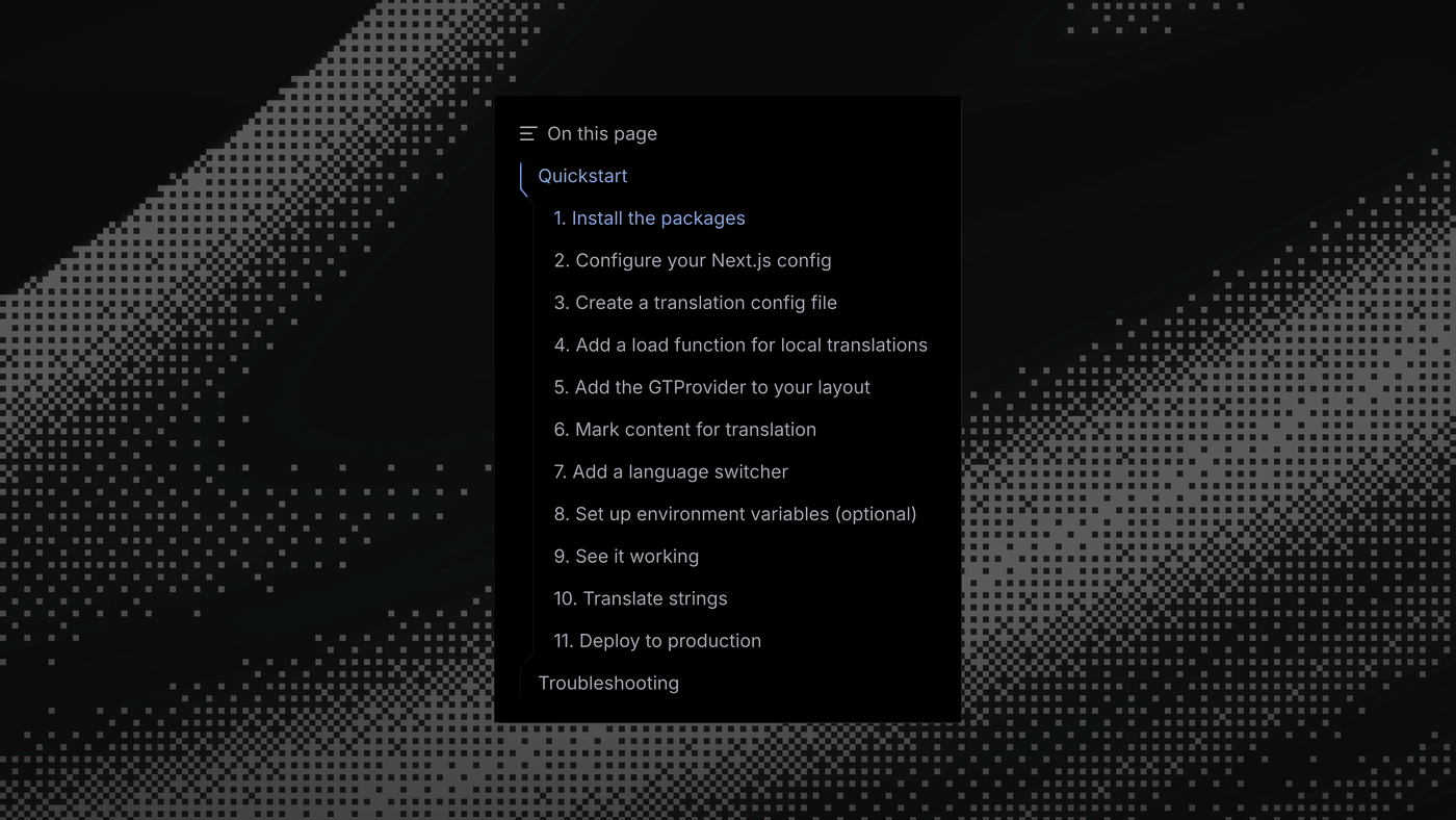 The docs table of contents while the page scrolls: the blue thumb slides along the rail to the current heading